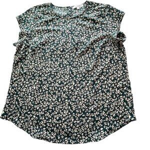 Monday Fun Hunter Green & Cream Mini Floral Popover Top with Cap Sleeves- Size L